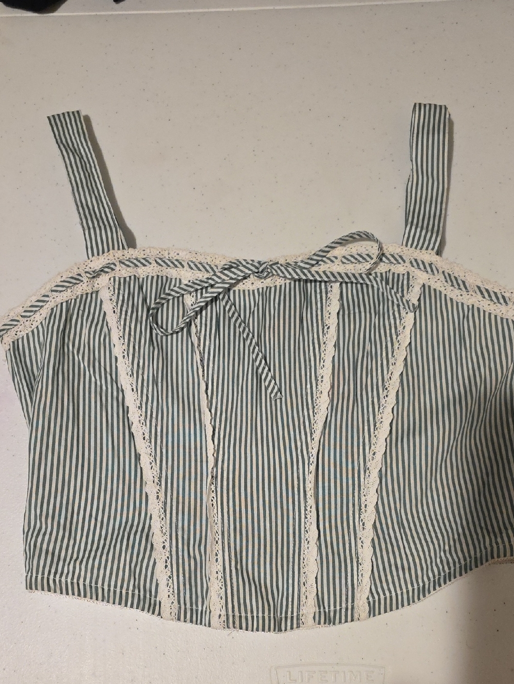 Green and White Striped Lace-Trim Crop Cami